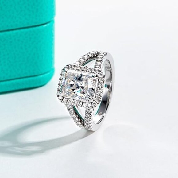 3.576cttw Radiant Cut Moissanite Ring D Color VVS1 925 Silver Side Stone - Picture 3 of 6